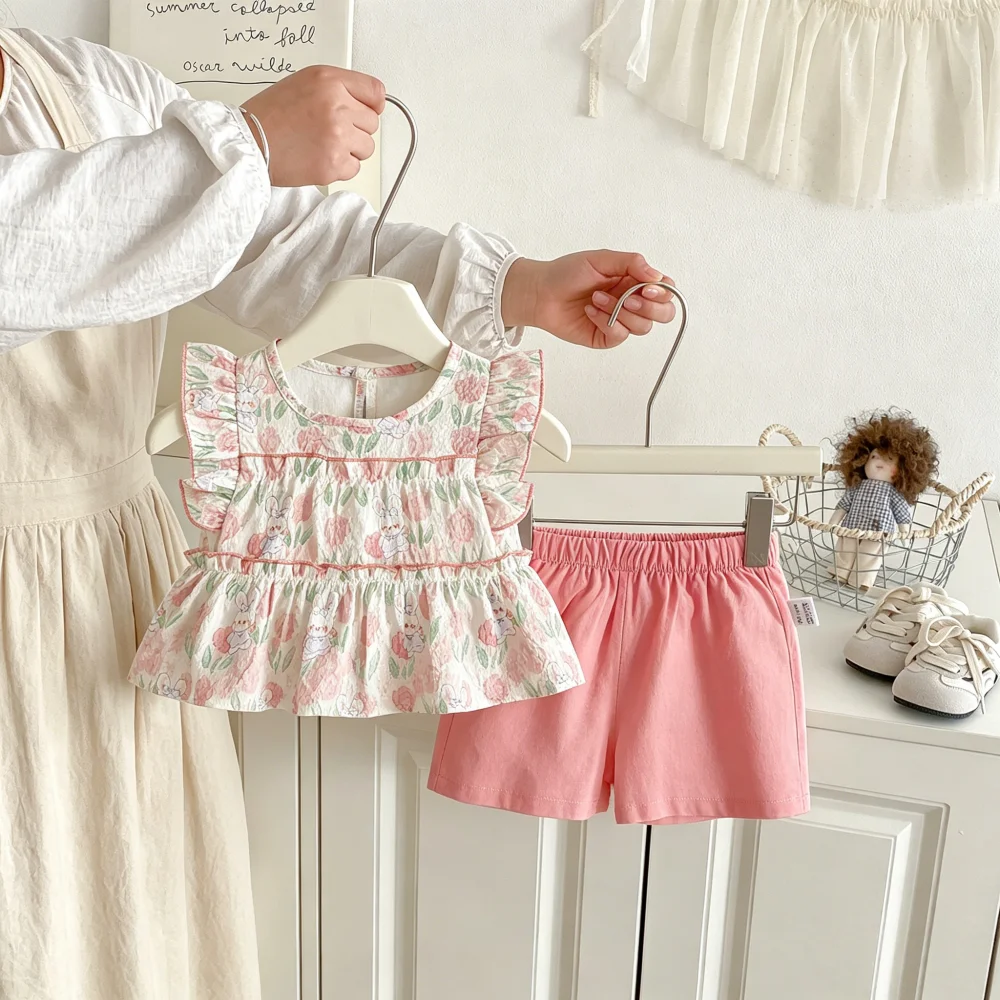 2pc/Set Baby Girls' Set Summer Flower Cute Top Shorts Children's Clothing Sweet Beach Baby Set