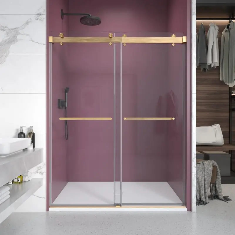 

68-72 W x 76 H Double Sliding Frameless Shower Door with 3/8 Inch Clear Glass in Brushed Gold Finish