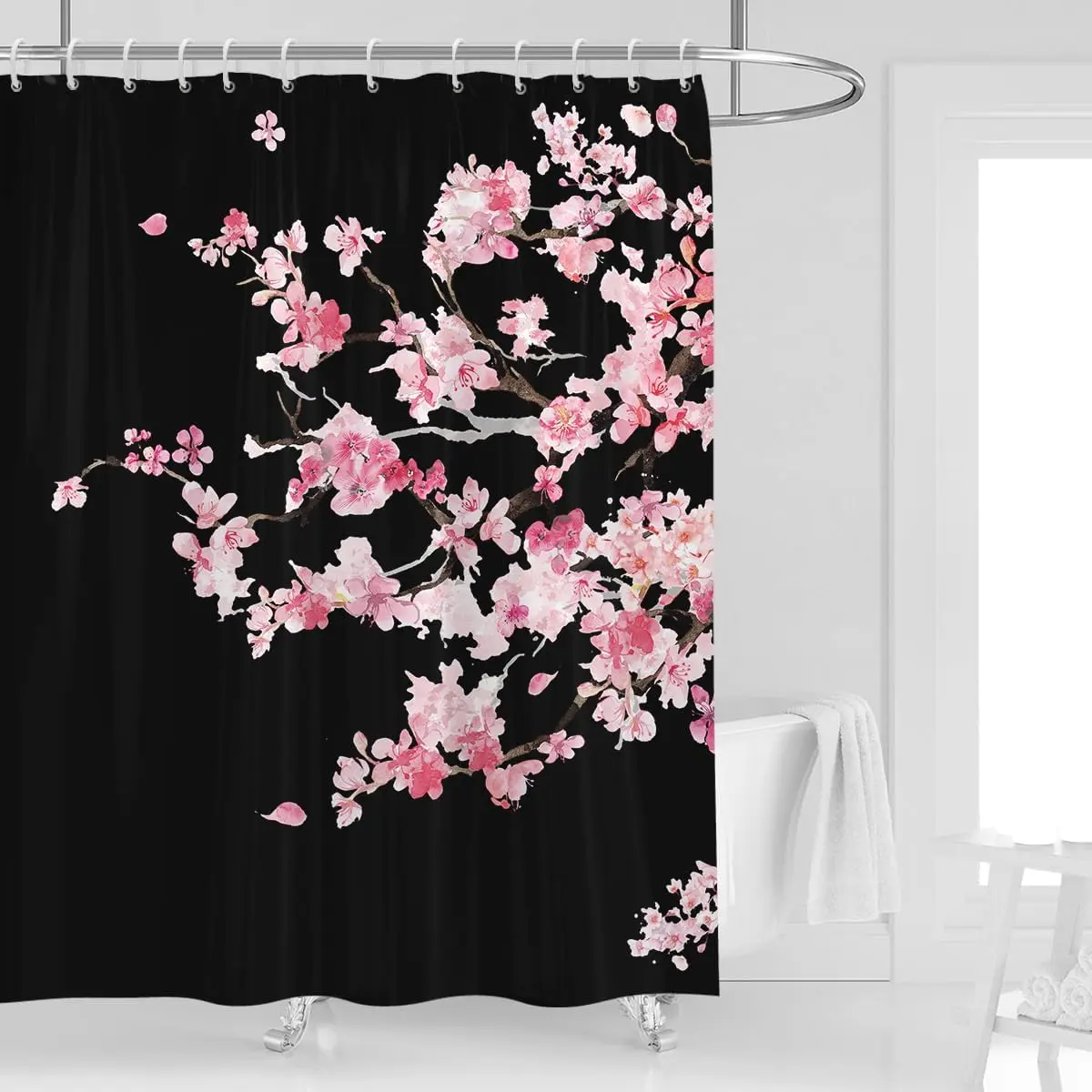 Pink Cherry Blossom Shower Curtain Black Background Floral Print Bathroom Decor