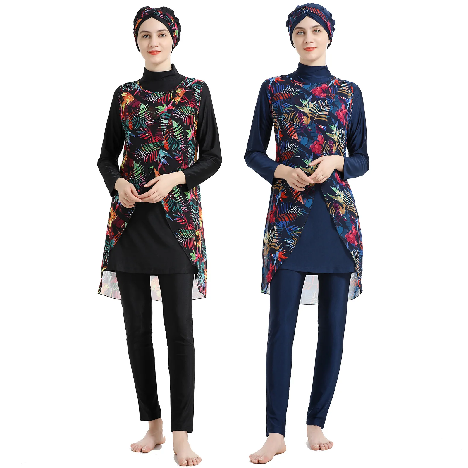 Women Muslim Burkini Swimsuit Modest Swimwear Islamic Long Sleeve Full Cover Hijab Flower Dress Top Cap Swim Pants ​Bathing Suit