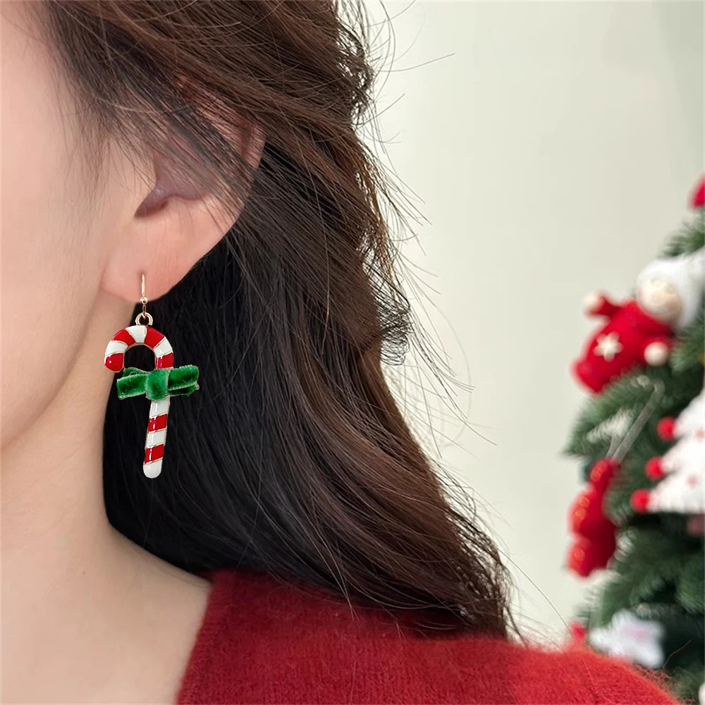 New Christmas Candy Walking Stick Ear Hook Green Bowknot Long Dangle Temperament Earrings For Women Festivals Party Gift