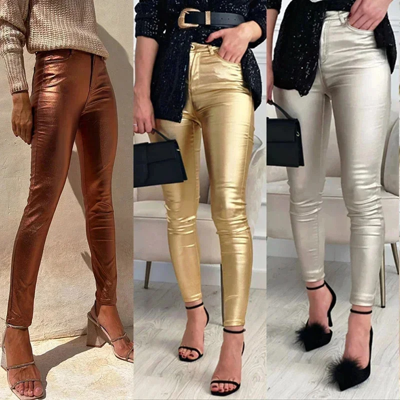 Mardi Gras Vintage Glitter Pants Women Fashion Silver Gold Party Trousers Female Solid High Waist Slim Casual Elegant Streetwear