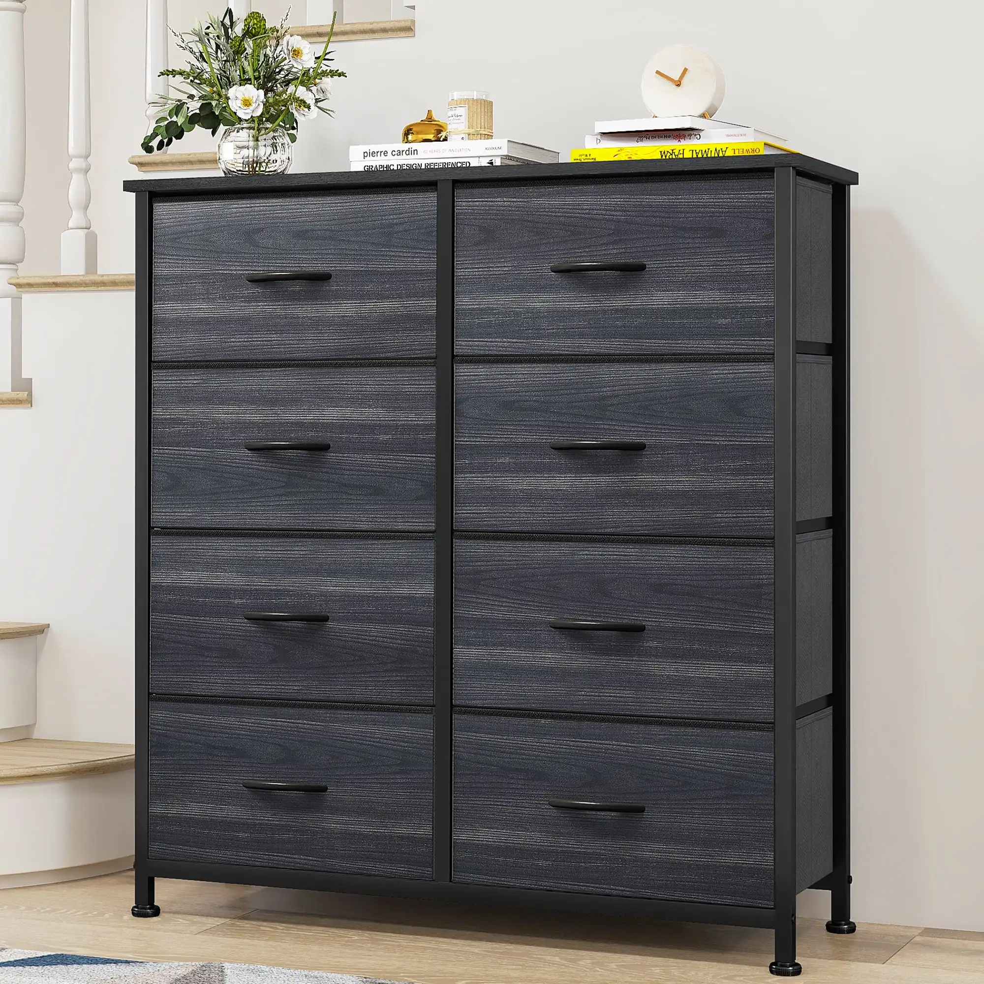 

8-Drawer Dresser with Wooden Top & Steel Frame, Storage Chest for Bedroom, Charcoal Black