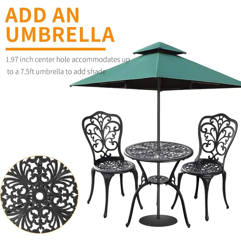 Bistro Set 3 Piece Outdoor,Cast Aluminum Outdoor Bistro Table and Chair Set of 2 with 1.97" Umbrella Hole,All Weather Metal