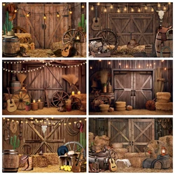 Western Cowboy Photography Backdrop Wild West Rustic Farm Barn Haystack Hay Bale Wheel Kids Baby Birthday Party Photo Background