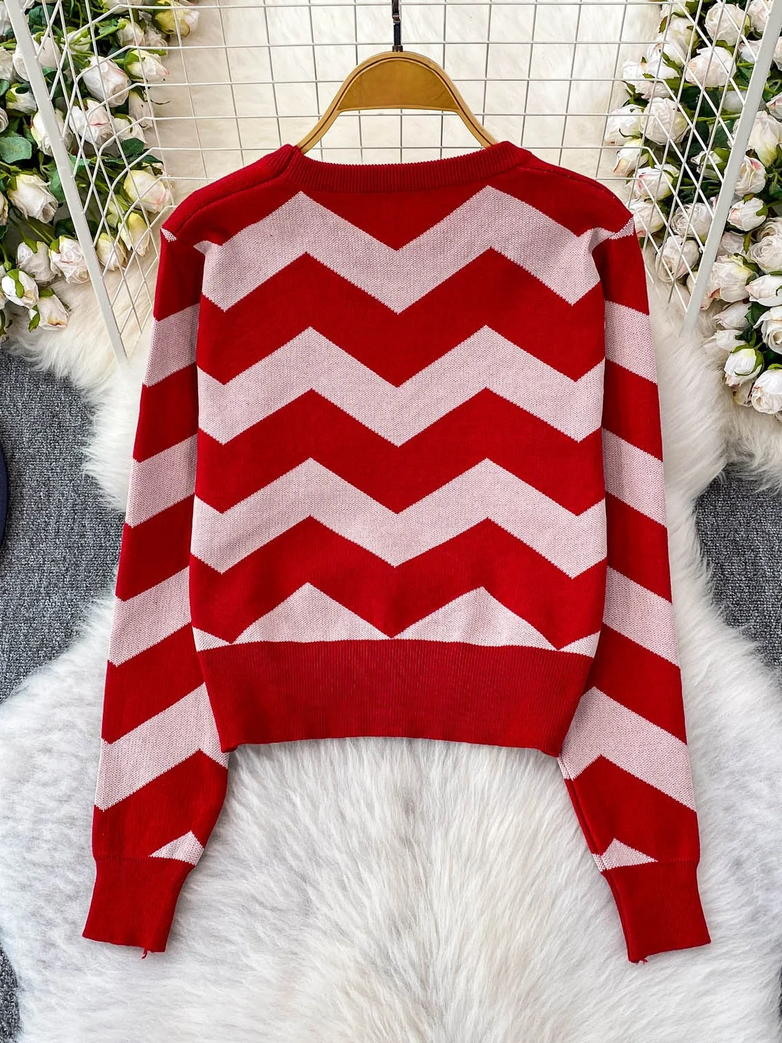 

Winter Heavy Embellied Knitted Sweater Women's round Ne Color Blo Wave Design Faionable Base Layer Top Trendy