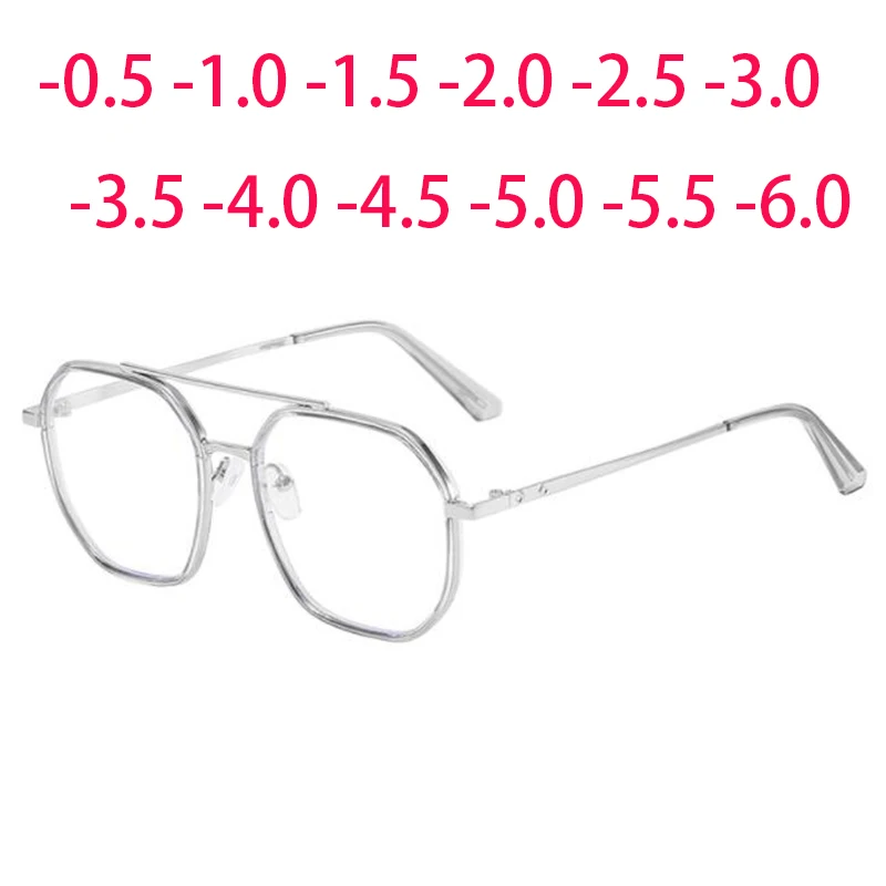 -1.0 -1.5 -2.0 -2.5 To -6.0 Double Beam Frame Myopia Glasses Women Men Street Shooting Polygon Metal Frameoptical Glasses