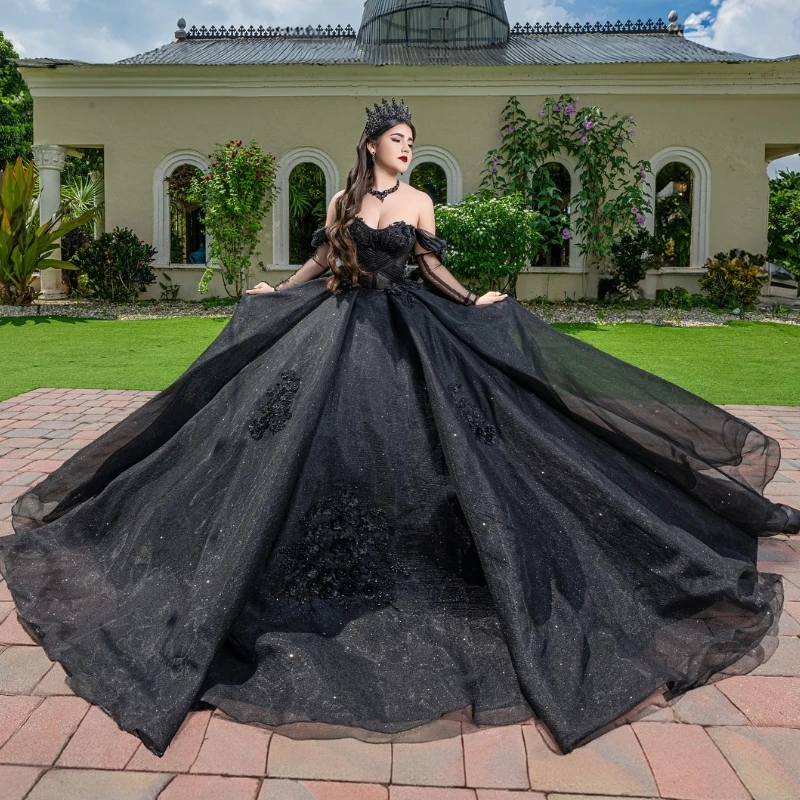 

Luxury Black Shiny Quinceanera Dresses Lace Appliqued Crystal Tull Off the Shoulder Ball Gown Sweet 15 Dress Vestidos De 16 Anos