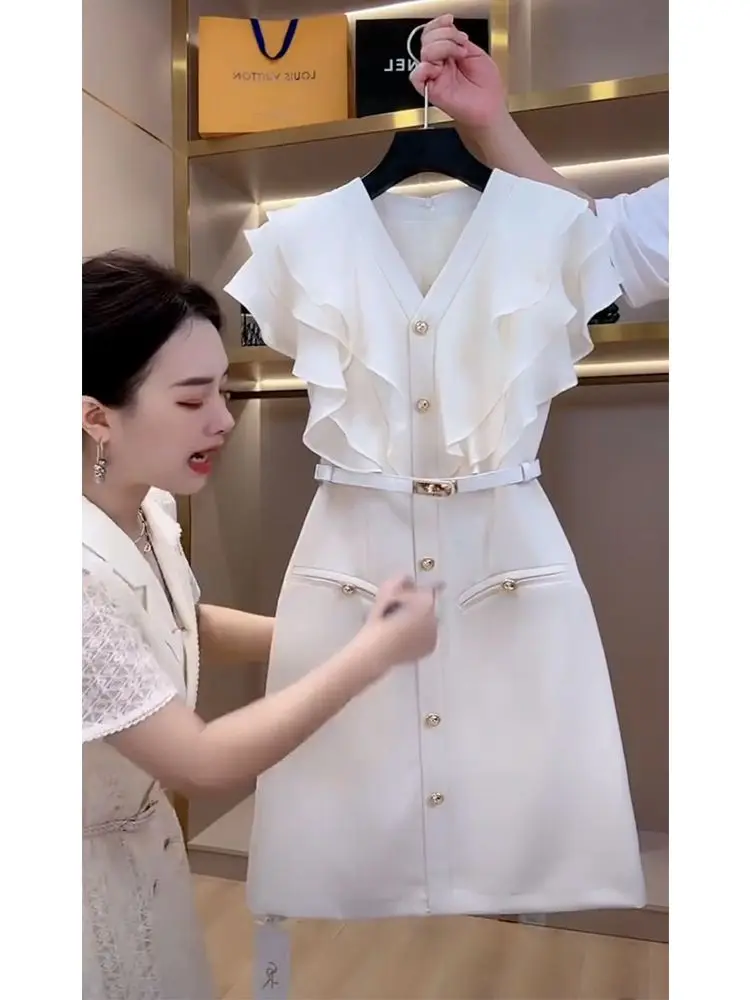 Fake two-piece white dress female summer high sense ruffled V-neck A-bag hip skirt temperament socialite high sense