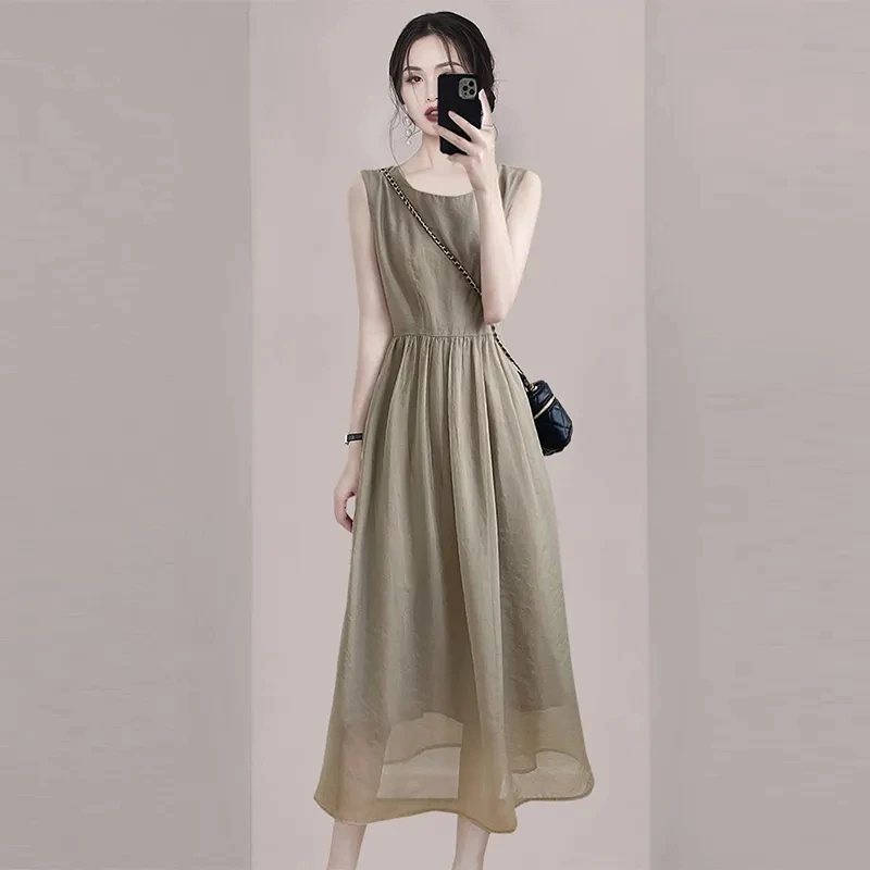 

French Sleeveless Dress For Women's Summer 2024 New Style Temperament Gentle wind gauze Long Dress