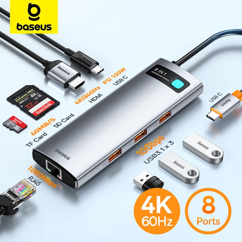 

USB-разветвитель Baseus 8-в-1, 4K, 60 Гц, USB Type-C на HDMI