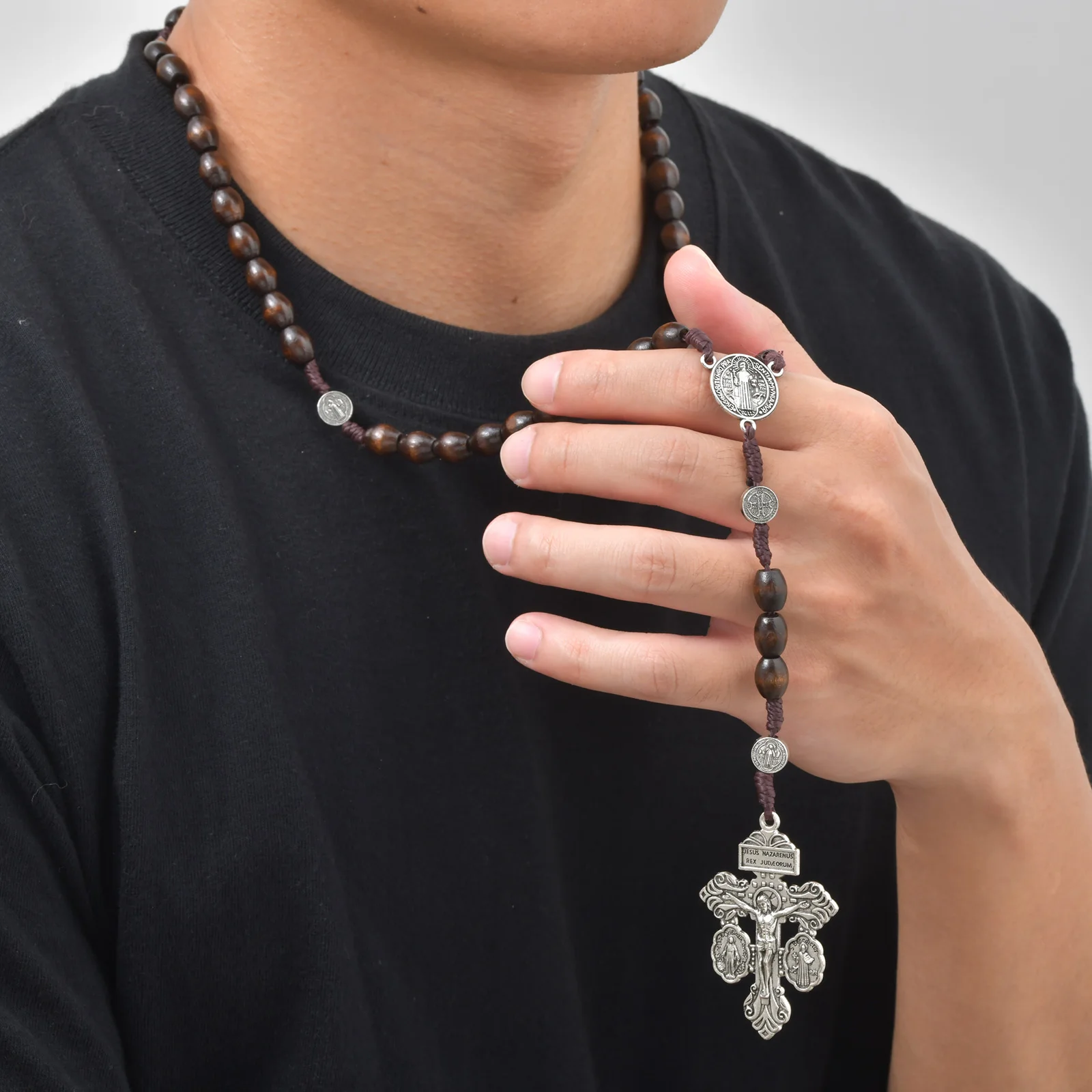 Saint Benedict Rosary Y Necklace for Men,Religious Long Bead Cross Car Pendant Necklace,Religious Orthodox Praying Jewelry - view 3
