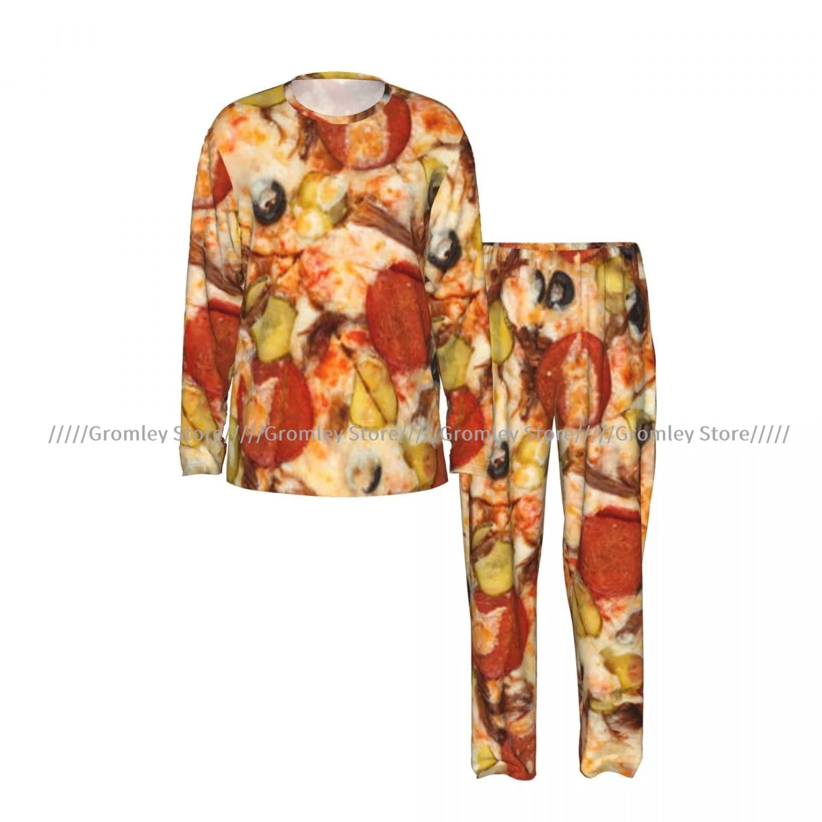 Men's Long Sleeve Long Pants Pajama Set Pizza Texture Casual Loungewear and Sleepwear for Home