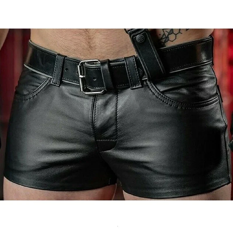 Men's Sexy Slim PU Leather Shorts Fitness Sports Punk Style Shorts (without Belt) S-5XL