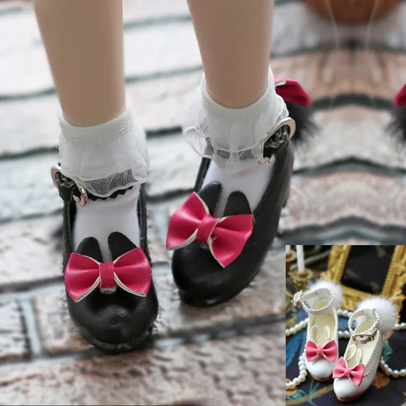 D03-P805 children toy BJD DD SD MSD  1/4 accessories Little white lovey cute Hairball middle heel leather shoes 1 pair