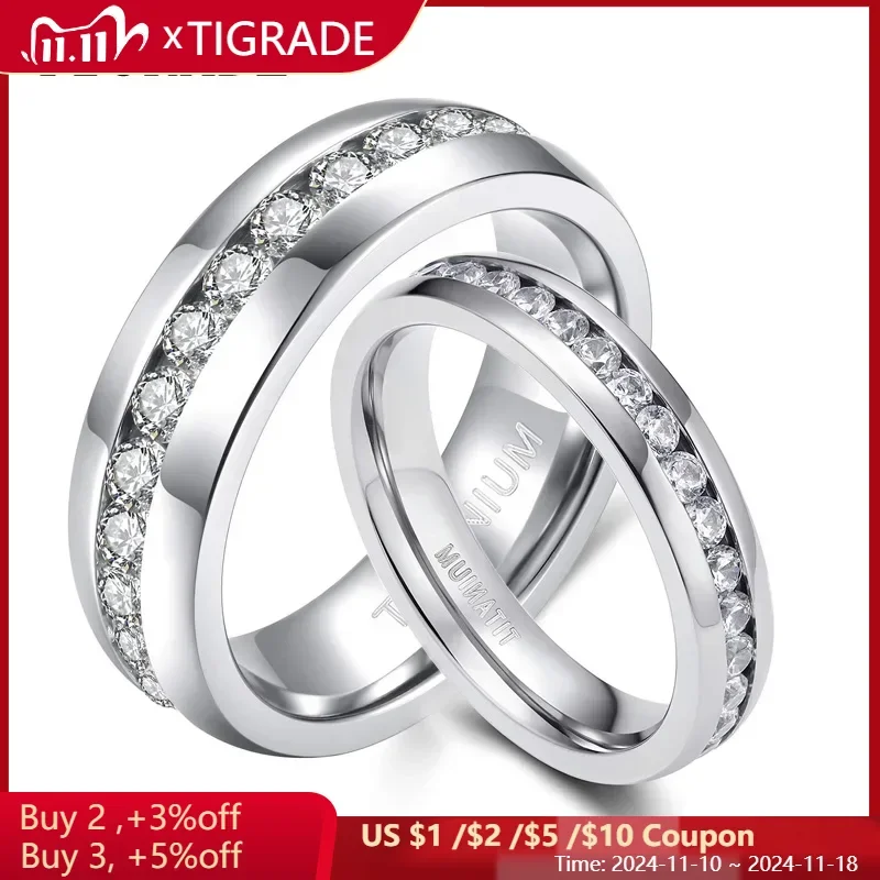 TIGRADE 4/5/6mm Titanium Ring Cubic Zirconia Engagement Ring Anti-allergy Men Women Wedding Band Size 3 to 13.5