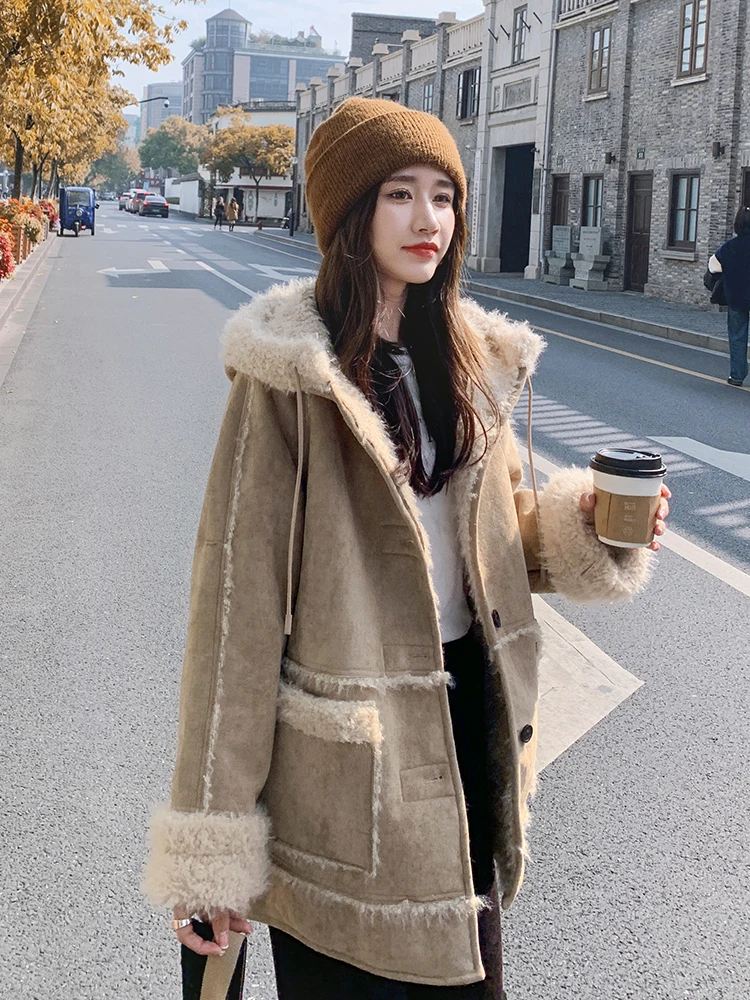 Winter New Women Jacket Coat Lamb Wool Hooded Fur Hooded Coat Women\'s Medium Long Coat Loose Female Top Chic Outwear