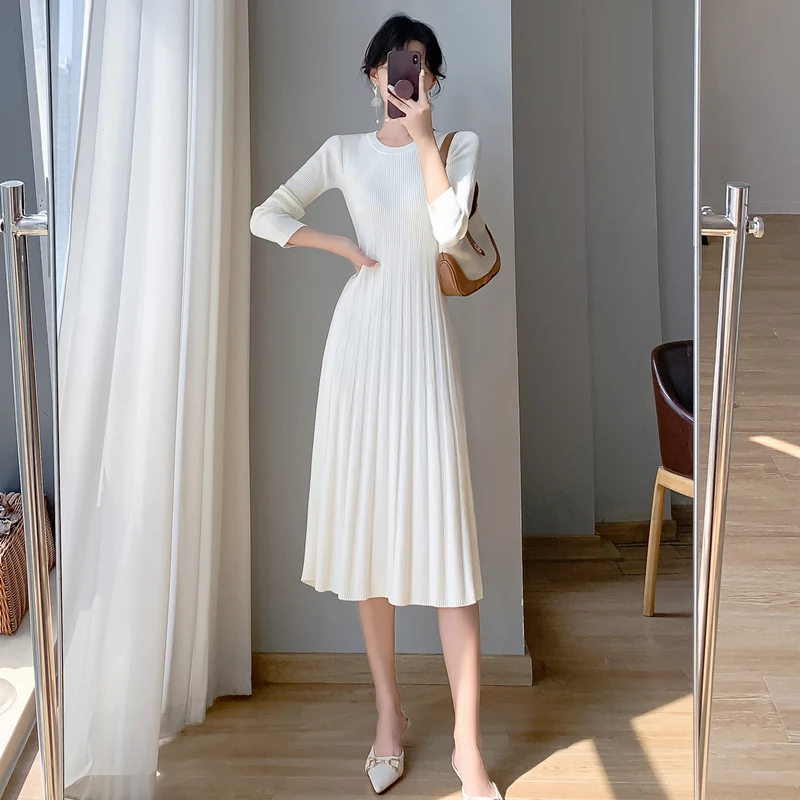 

Real Autumn and Winter Temperament Overlay Long Sleeve Knitted Skirt Dress Women's Mid length Underlay Wool Dress