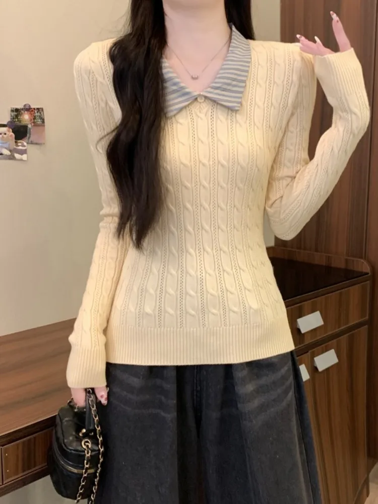 Slimming V-Ne Knitted Top Women's Autumn Winter Faion Sweet Sle Thiened Wool Blend Slim Fit Stripe Design Knitwear