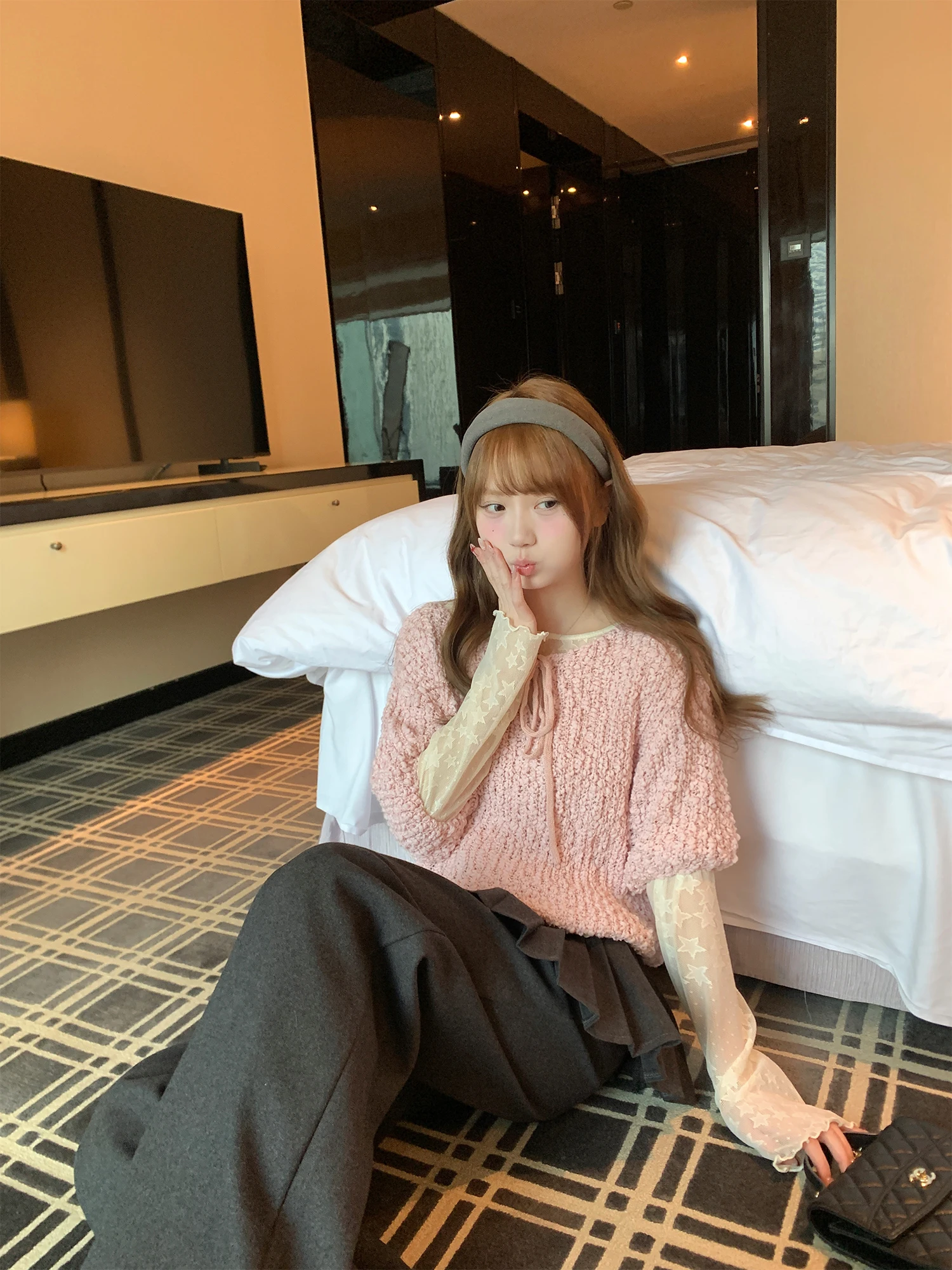 

Loose Texture Knitted Top with Tie Svel Korean Sle Women's Faion Daily Wear Regular Fit Five-Quarter Length