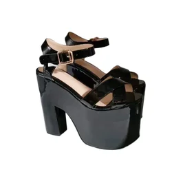 DIZHUANG shoes Fashionable women's high heels sandals. About 16cm heel height. Irregular heel sandals. Lacquer leather sandals.