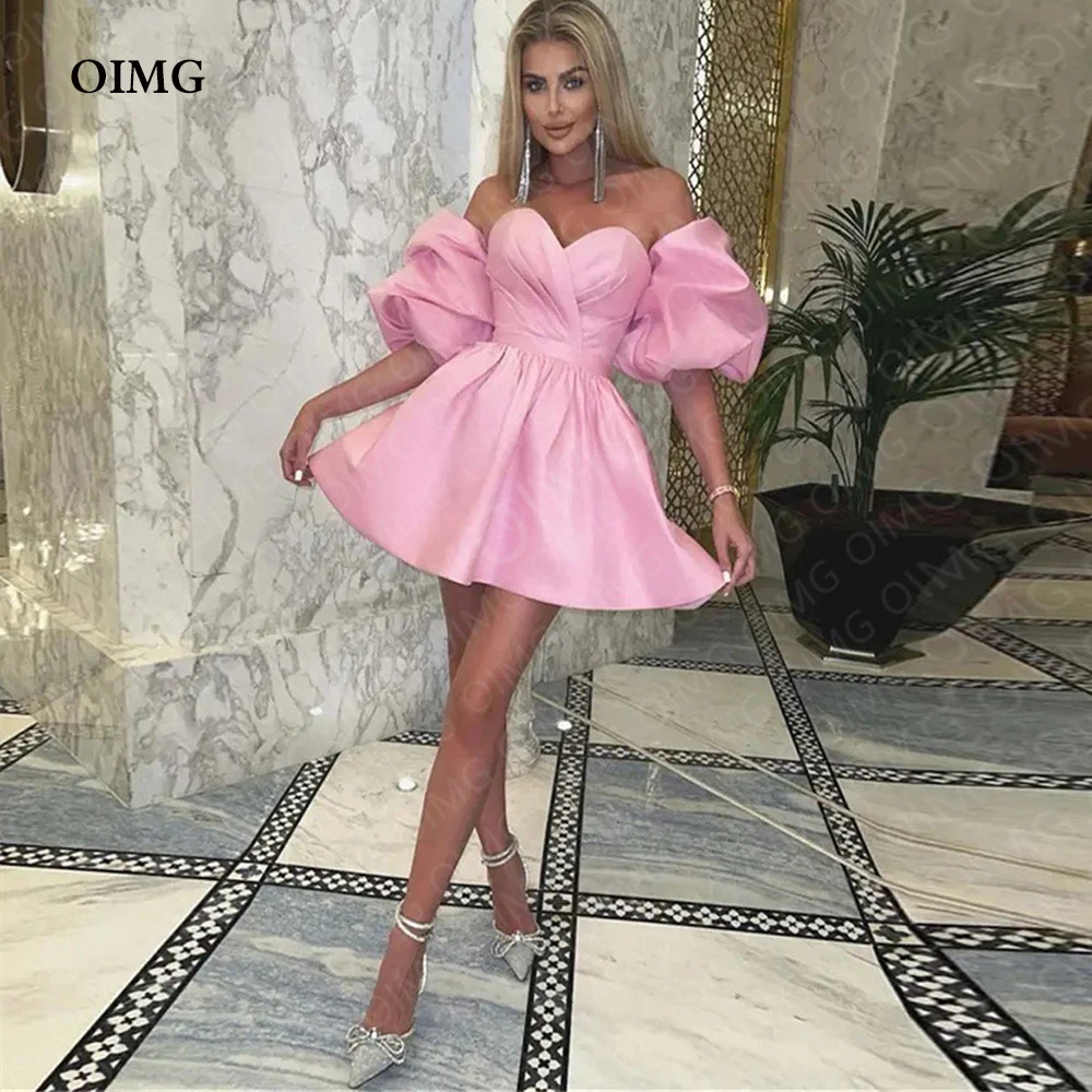 

OIMG Pink A Line Short Mini Formal Evening Dresses Short Puff Sleeves Sweetheart Custom Prom Gowns Night Club Dress Vestidos