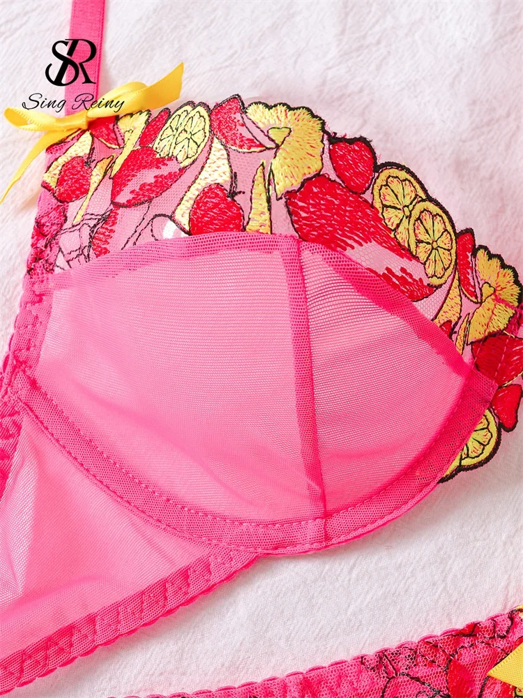 Singreiny-女性のための花柄の刺繍が施されたブラセット,透明な下着,メッシュのランジェリー,韓国スタイルのガーターベルト,スリーピースのスーツ,2024