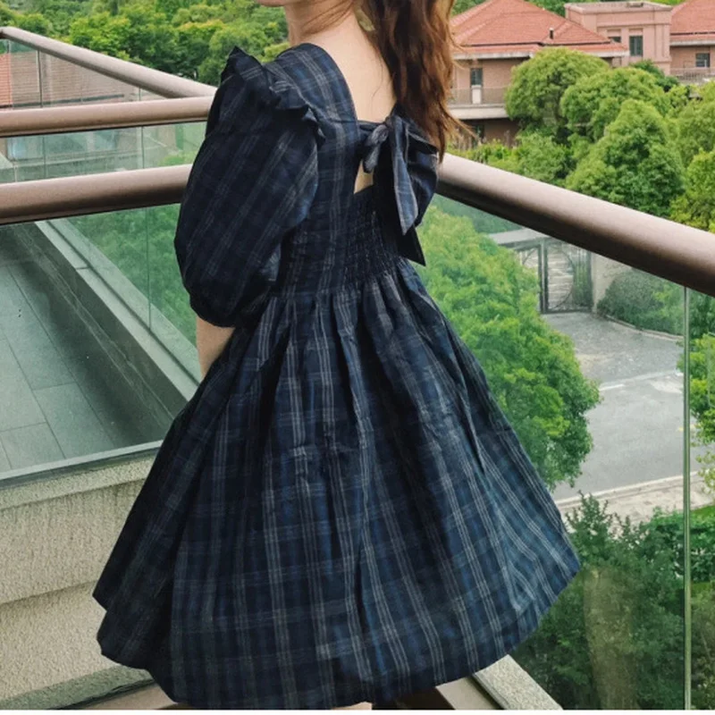 

WAKUTA Plaid Knee Length Peter Pan Dress Round Neck Short Puff Sleeve Back Bow Slim Waist Femme Robe Japanese Summer Vestido