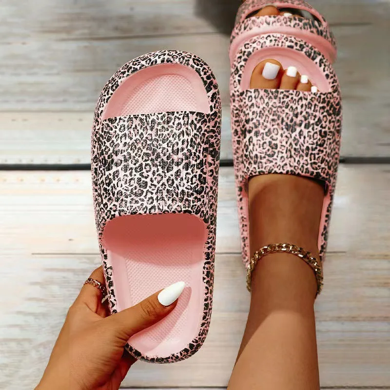 Women Summer Outdoor Leopard Pattern Latex Soft Women\'s Beach Slippers Bath Non-Slip High Bottom Home Slides Chaussure Femme