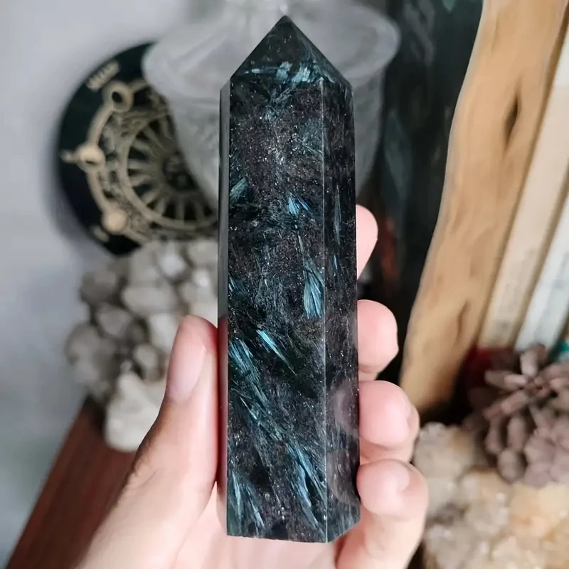 Tours en cristal Arfvedsonite naturel, baguette à pointe de cristal de Quartz, pierre de guérison, énergie, décoration de maison, bricolage, 1 pièce
