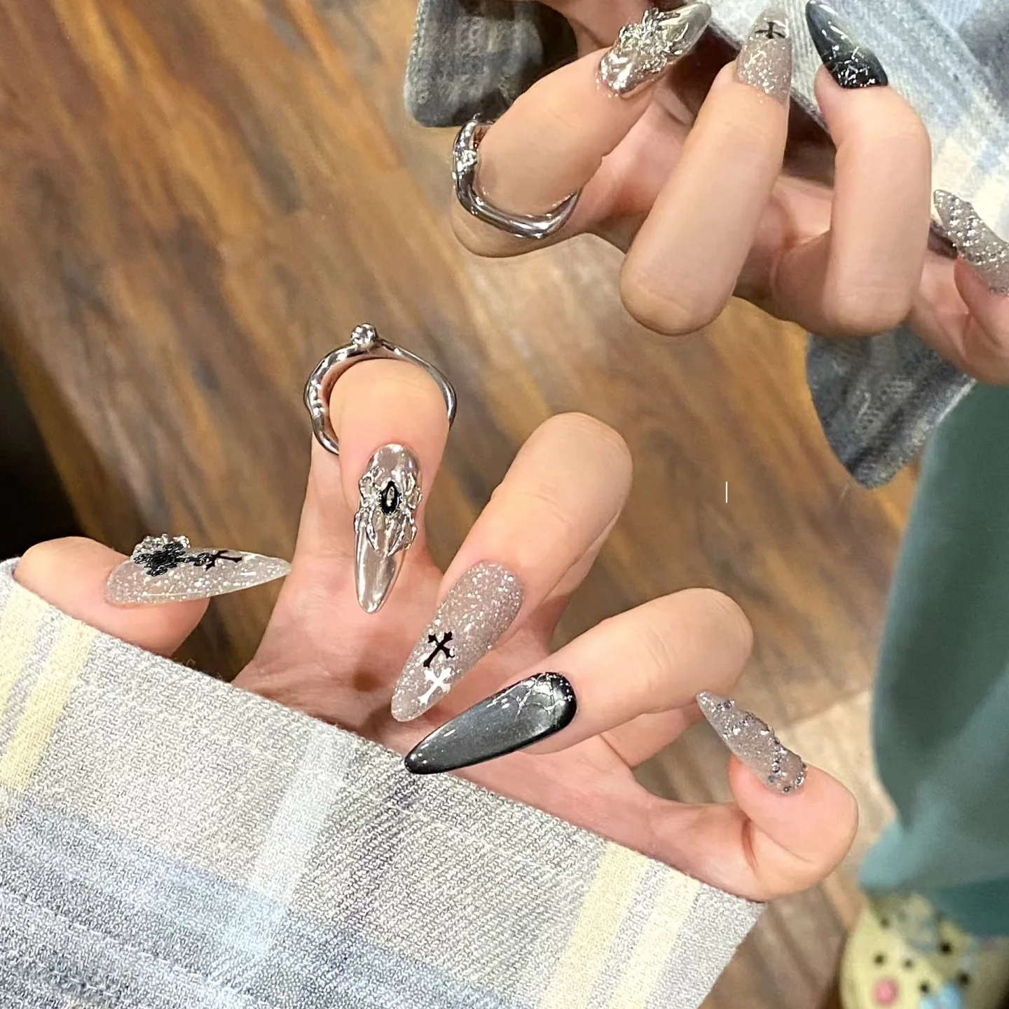 

10 шт. Y2K ручной работы пресс на ногтях черный пауковый крест готический стиль Spice Girls накладные ногти съемные многоразовые