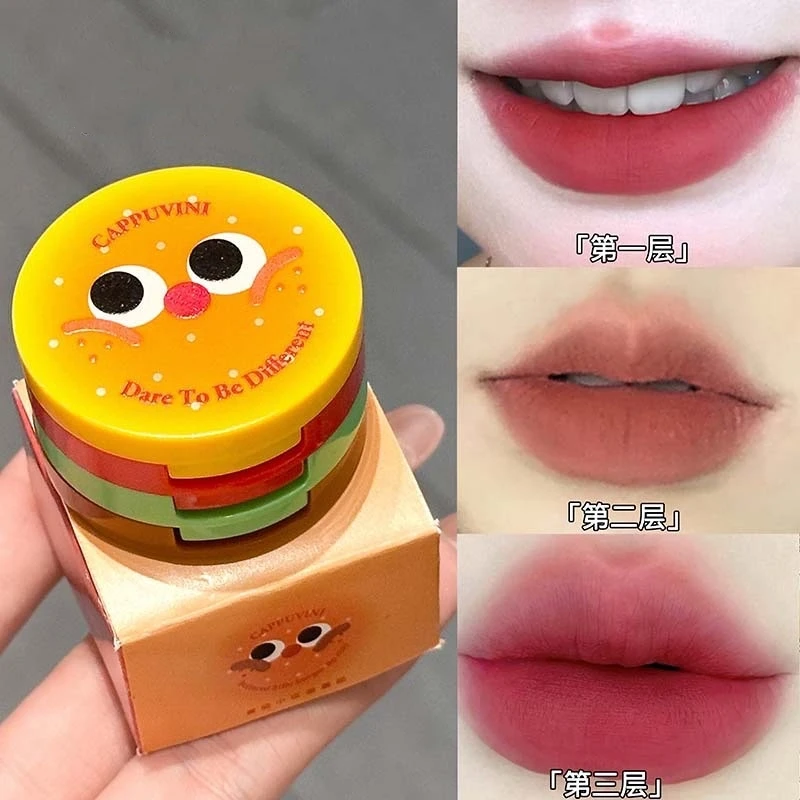 Butter Hamburger Lip Mud 3 in 1 Waterproof Velvet Red Brown Mousse Lipstick Set Cute Combo Tint Non-stick Cup Lips Makeup