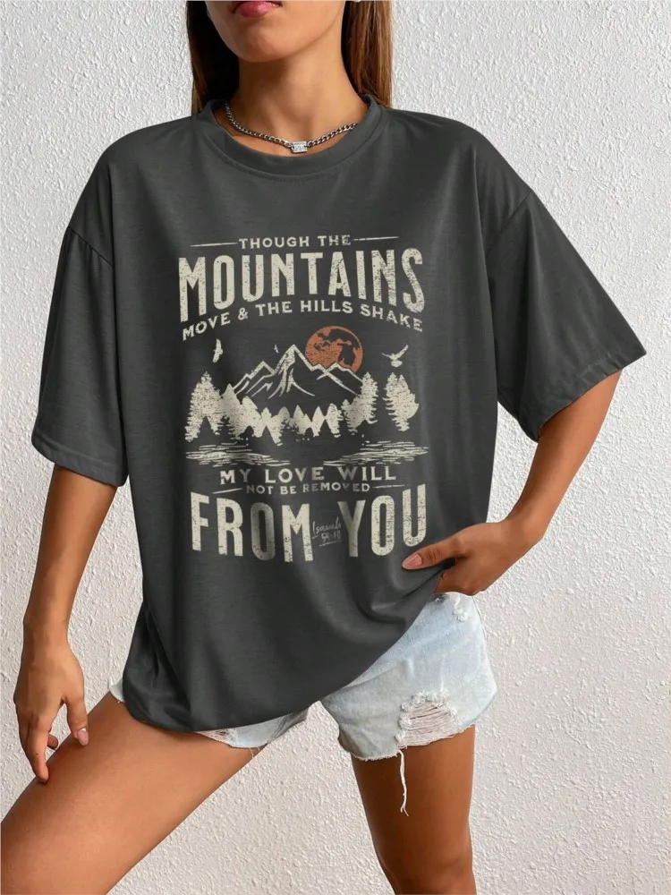 Kaus katun wanita musim semi kaus lengan pendek gambar gunung t-shirt Fashion wanita pakaian nyaman lembut atasan jalanan