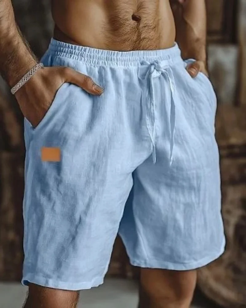 

2025Мужские однотонные повседневные короткие брюки, льняные пляжные дышащие удобные прямые короткие брюки, гавайские праздничные мужские брюки