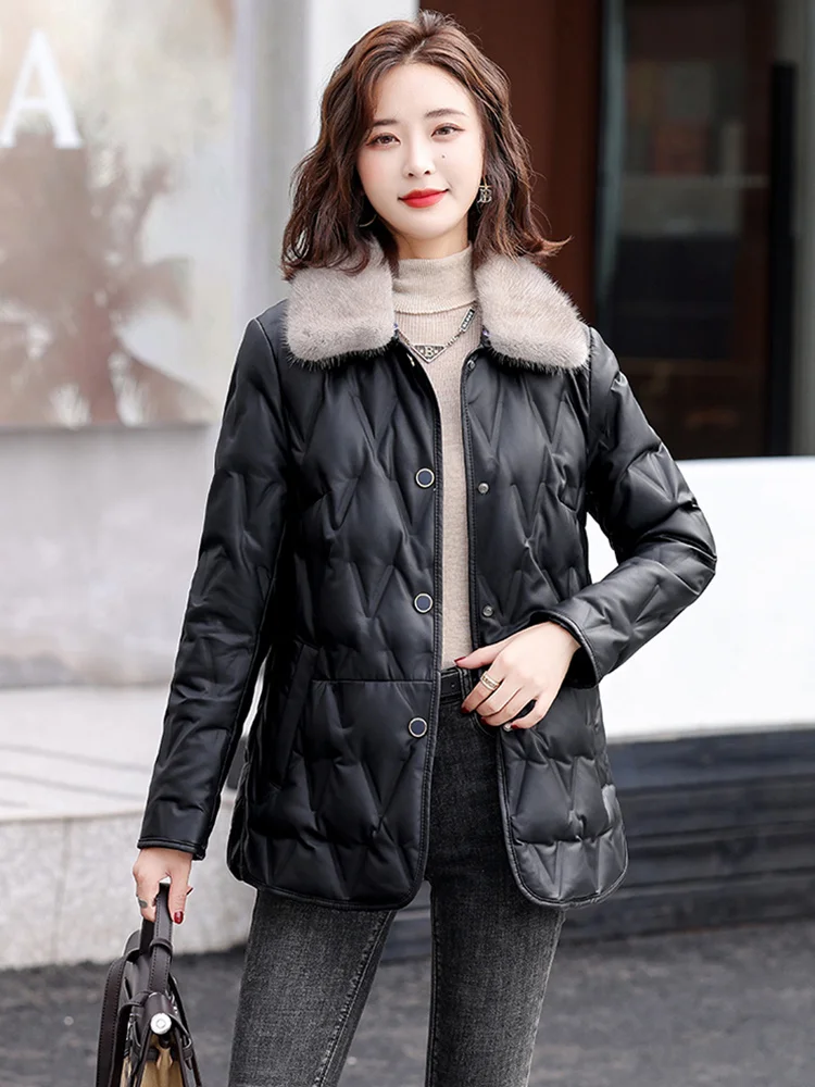 Down New Women Leather Jacket Autumn Winter 2023 Casual Fashion Mink Fur Collar Solid Color Loose Short Sheepskin Down Coat