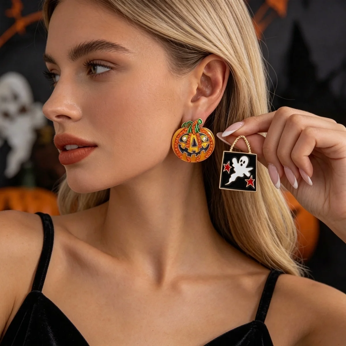 Halloween-Ohrringe mit Strass, Kürbis, Stern, Geist, asymmetrische Ohrstecker für Damen und Herren, Gothic-Mode, Kürbis-Ohrringe, Cosplay-Schmuck – Detail 8