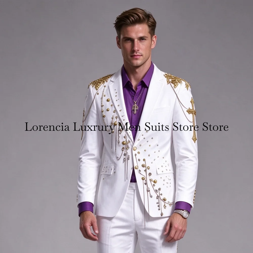 Handmade Rhinestone Jewelry Men Suit Customized Elegant Diamond Wedding Tuxedos Slim Ropa hombre 2 Pieces Sets Groom Male Blazer