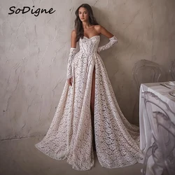 SoDigne A-line Lace Wedding Dresses Sweetheart Detachable Sleeves Bridal Dress Split Wedding Gown Robe De Mairee Customized
