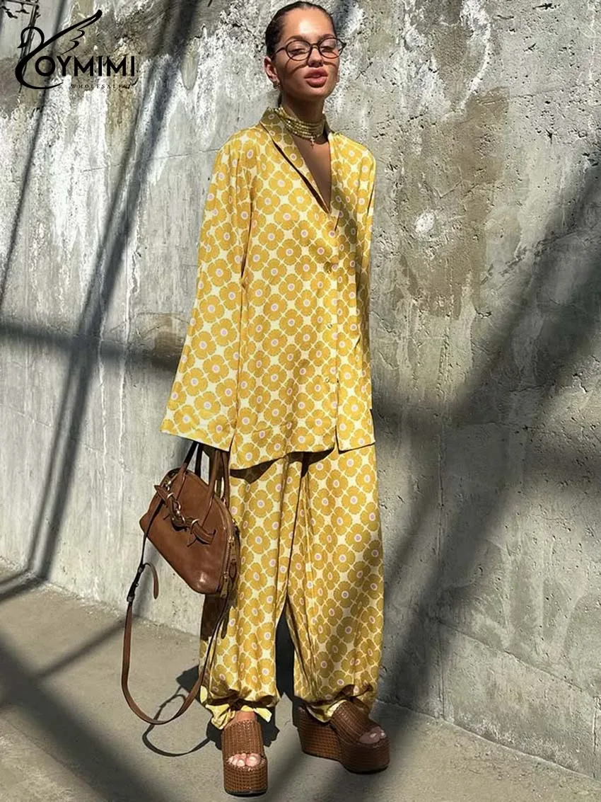 Oymimi Elegant Yellow Print Woman 2 Piece Set Outfit Fashion Long Sleeve Single Breasted Side Slit Shirts And Loose Trousers Set