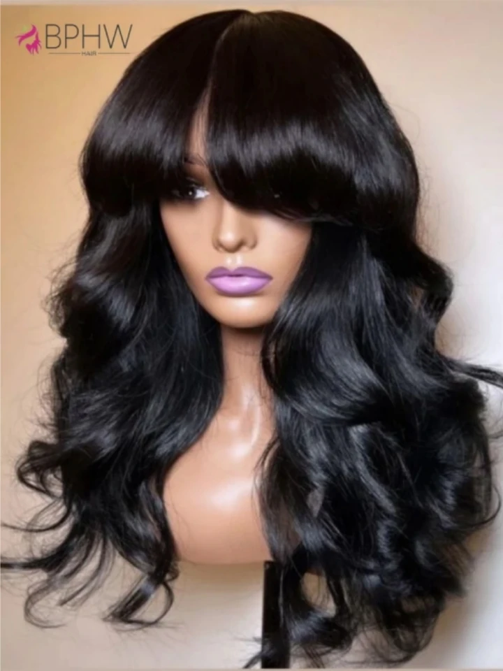 Body Wave Human Hair Wigs With Bangs 180 Density Wave Wig  display picture 1