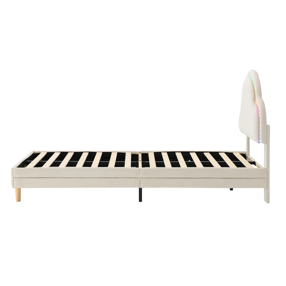PINGGO Beige Samt Einzelbett 90x200cm Wolkenförmiges Kopfteil Farbwechsel-LED-Streifen Holzlatten Kinderbett Ohne Matratze – Detail 11