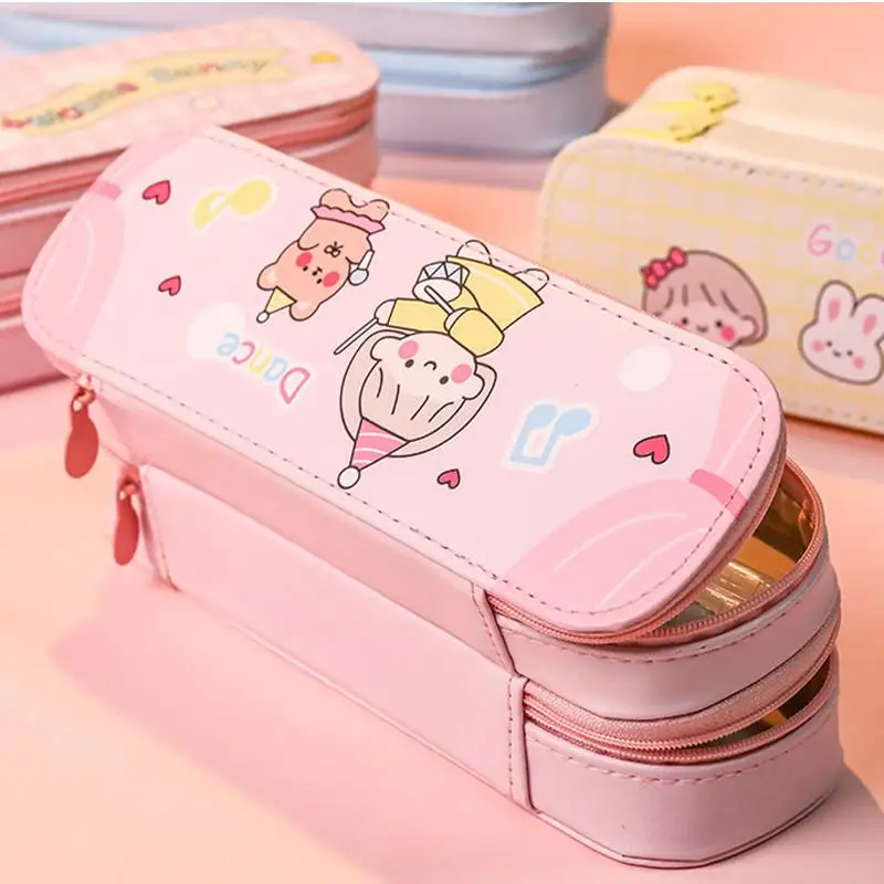 Cartoon Cute Double Layer Pencil Case Large Capacity Lovely Print Zippered Stationery Holder for Kids Daily Use