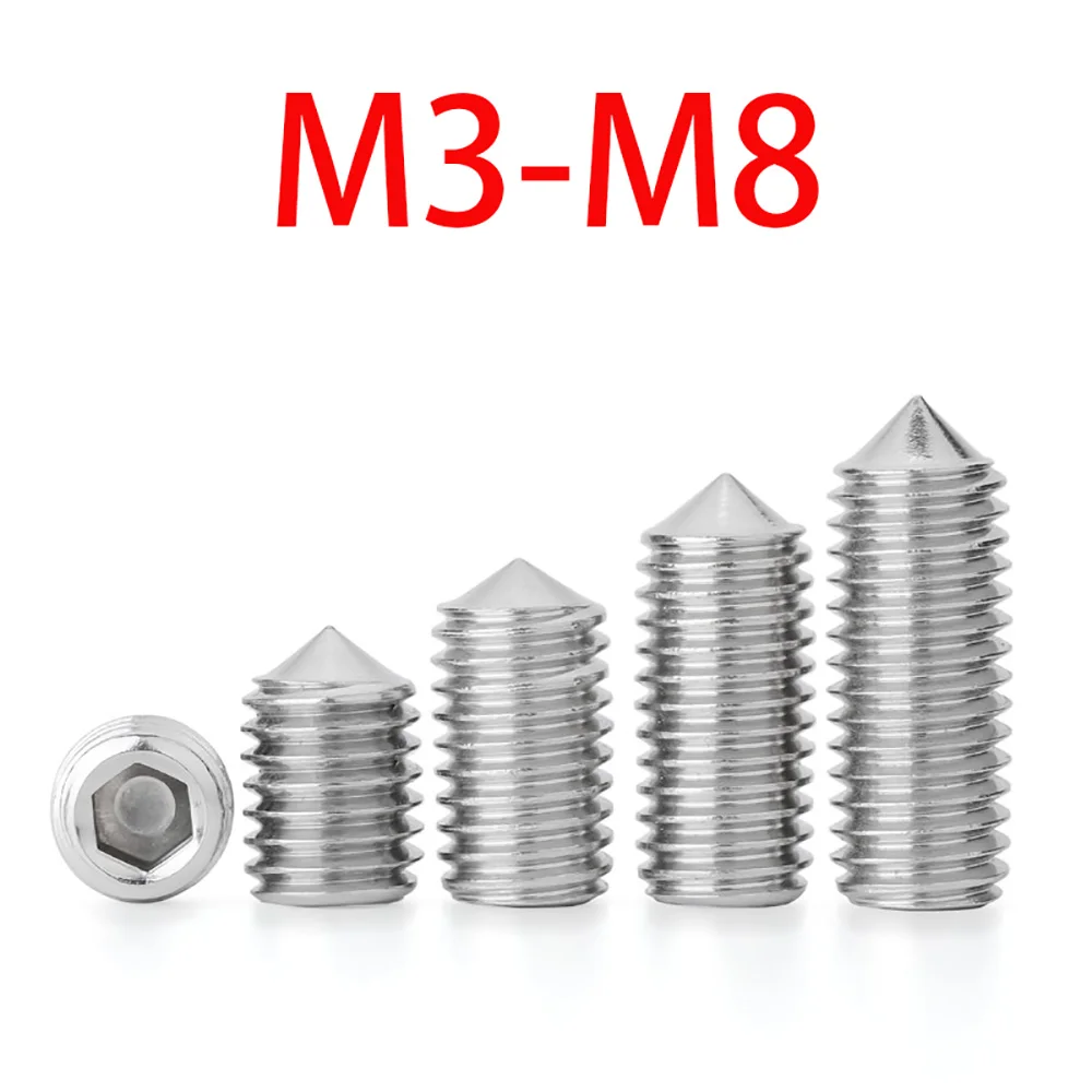 10-200pcs M3 M4 M5 M6 M8 Cone Point Grub Hex Set Screws 304 Stainless Steel Hex Hexagon Socket Set Screw Cone Point Grub Screws