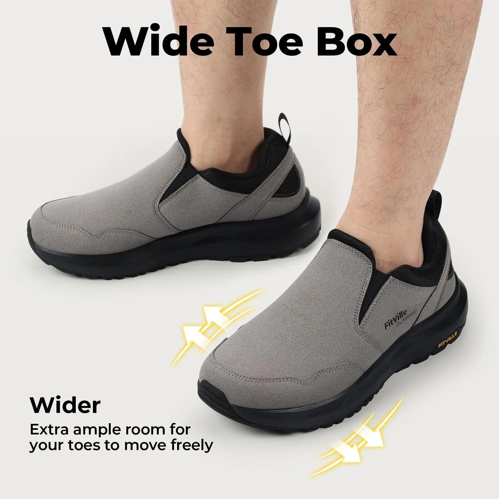FitVille Men's Wide Toe Hiking Shoes Slip on Walking Loafers Flat Feet Non-slip Trekking Shoes for Men Easy Wear Comfort Autumn