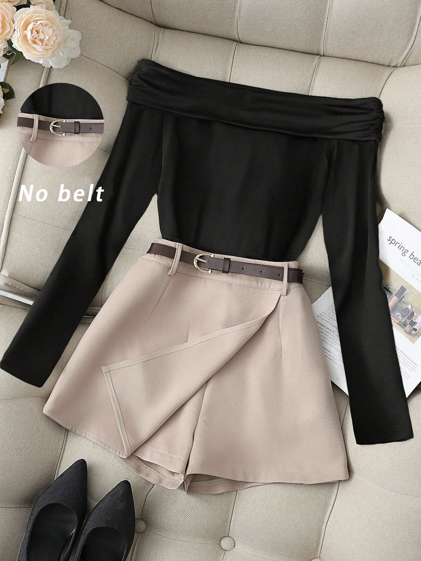 

Женский комплект: бордовый топ с открытыми плечами и длинными рукавами и черные юбка-шорты, элегантный деловой стиль, стройнящий комплект из двух предметов