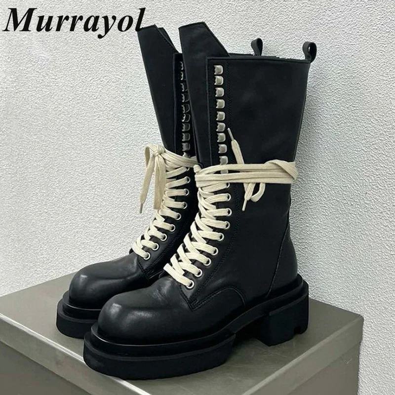 

New Genuine Leather Thick Bottom Heighten Short Boots Women Round Toe Lace Up Mid-calf Botas Spring Autumn Motorcycle Boots