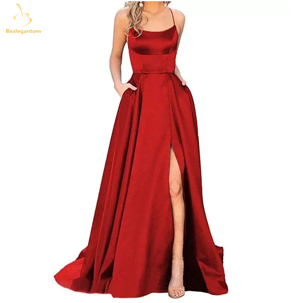 

Bealegantom Sexy Spaghetti Strap Long Prom Dresses Satin Split Side Formal Occasion Evening Party Gown Robes De Soiree QA179