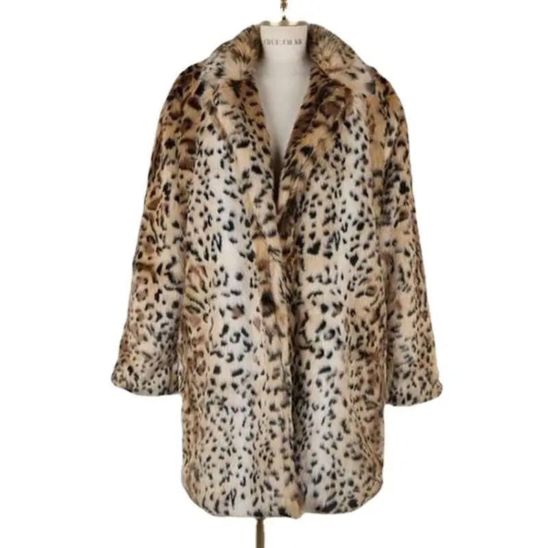 Lai Rabbit Hair Leopard Pattern Faux Fur Coat Fashion Mid Length Fur Coat Women's Trendy Warm