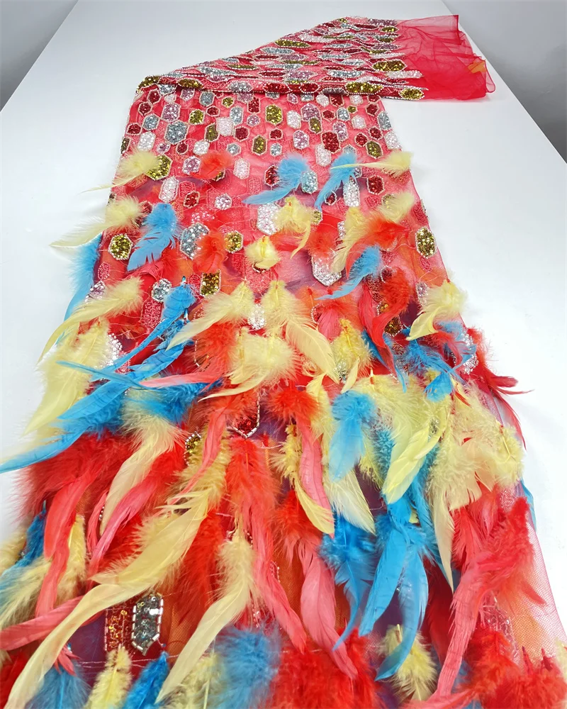 

Роскошная африканская 3D кружевная ткань с перьями, тюль, кружевная ткань, 2026 5 ярдов, тяжелое тюлевое кружево с бисером и блестками для вечерних свадебных платьев