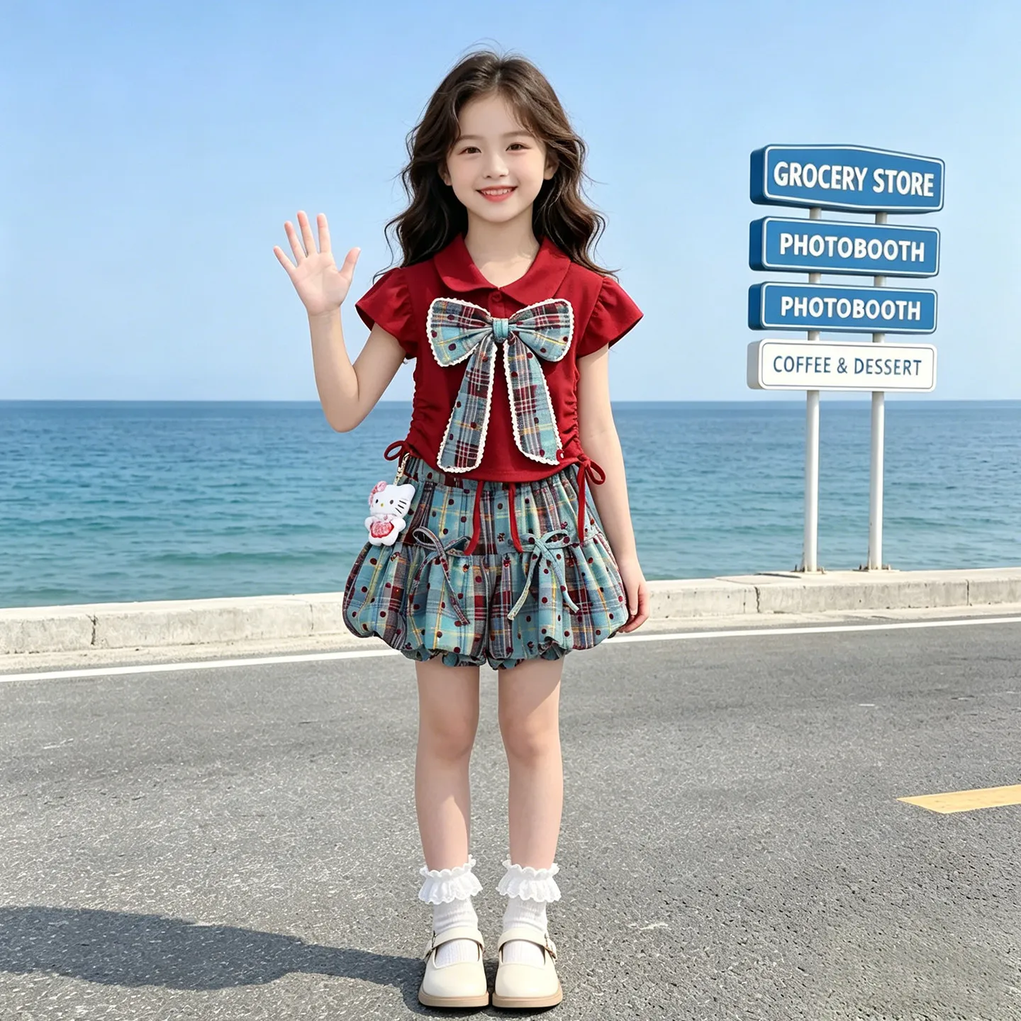 女の子の夏服-花柄プリント半袖薄手ツーピースセット-韓国風子供服-通気性-洗濯機で洗える